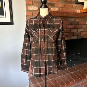 NWOT DIXXON Pantera Plaid Flannel Button Down Shirt in Brown Sz S